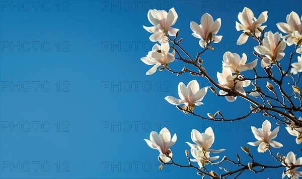 White magnolia tree branches laden with blossoms against a bright blue sky AI generated