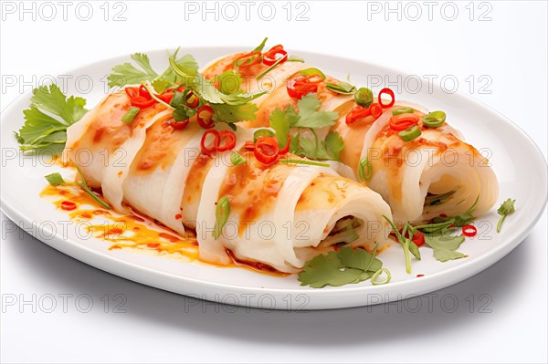 Elegant Gourmet Goi Cuon with Fresh Herbs, Dipping Sauce isolated on white, AI generated