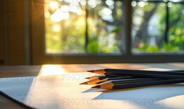 Graphite pencils and white paper illuminated by natural through a window AI generated