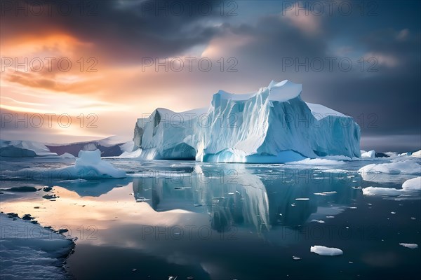 Antarctic ice shelf stretching to the horizon juxtaposed by towering icebergs, AI generated