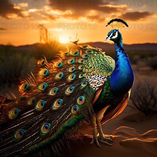 Peacock with the full display of magnificent plumage usp in each feather in the Thar desert, AI generated