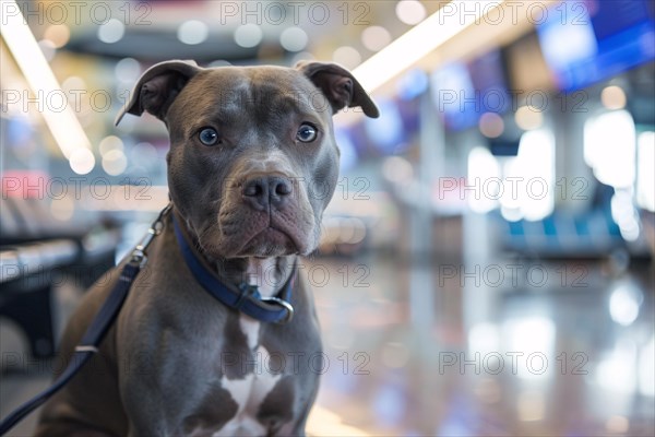 Traveling with a Pit Bull terrier. Dog with luggage in background at airport or train station. KI generiert, generiert, AI generated