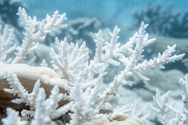 White bleached coral reef caused by change in ocean temperature. KI generiert, generiert, AI generated