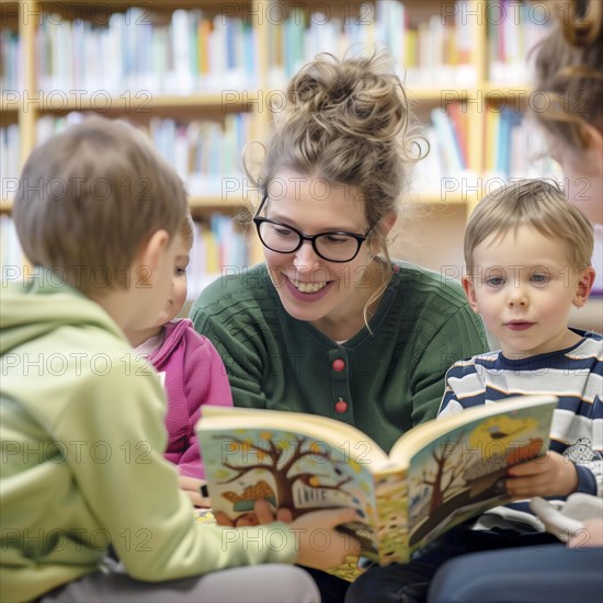 Woman reads interactively to children in a library and everyone has fun, AI generated