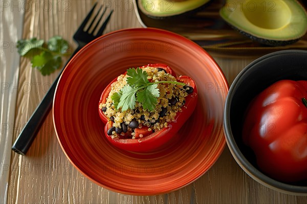 A colorful dish featuring a stuffed bell pepper with quinoa and beans on a red plate, AI generated