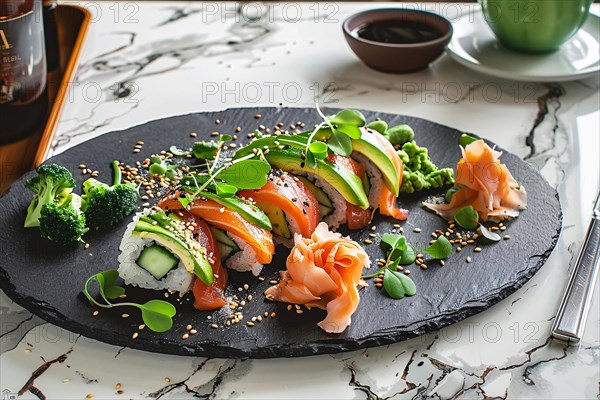 Delicious sushi with avocado and salmon displayed on a slate plate with sides of wasabi and ginger, AI generated