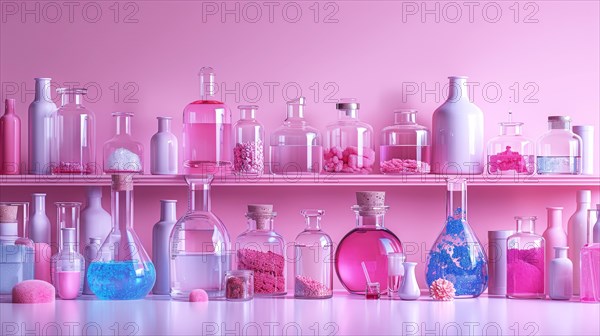 Elegant science laboratory glassware arranged neatly on shelves with a soft pink tone, ai generated, AI generated