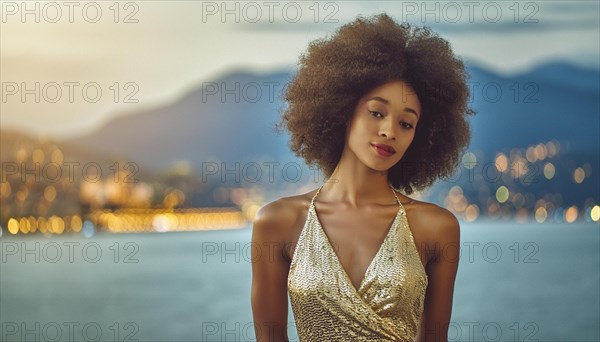 Glamorous woman in a golden evening gown against a waterfront with bokeh lights, blurry moody landscaped background with bokeh effect, AI generated