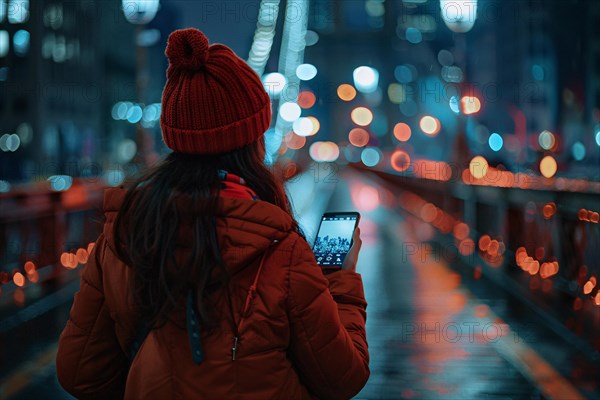 Woman in red jacket standing on a bridge at night, looking at phone with city lights blurred in background, AI generated