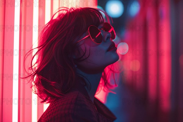 A woman with heart-shaped sunglasses stands under neon lights, exuding a cool, mysterious city vibe, AI generated