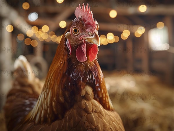 Brown chicken with focus on its red comb and wattles inside a barn, AI generiert, AI generated