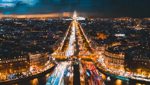 Panoramic night view of Paris with city lights and traffic creating a vibrant scene, rush hour commuting time, sunset, blurry cityscape, bokeh effect, AI generated