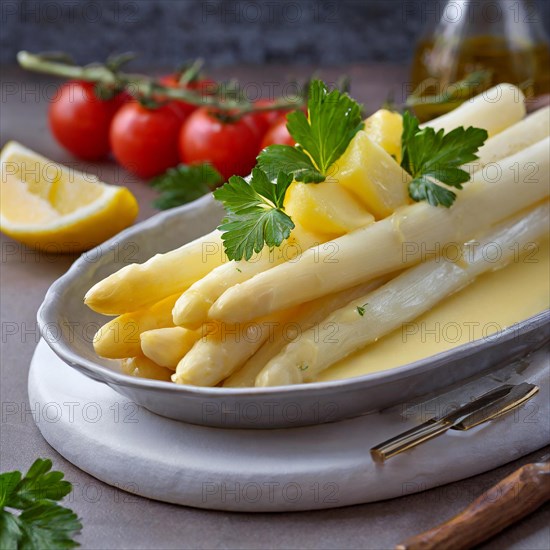 Fresh white asparagus served on a plate garnished with melted butter and parsley, hollandaise sauce, green asparagus, asparagus spears, AI generated
