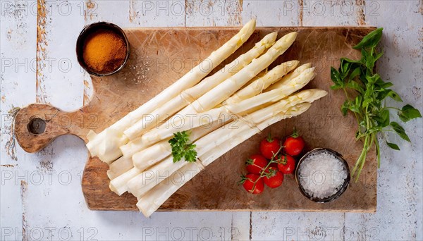 White asparagus on a cutting board with tomatoes and salt, carefully staged, fresh white asparagus, KI generated, AI generated