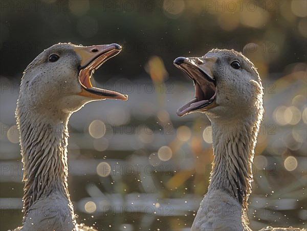 Two geese communicate loudly with open beaks, surrounded by splashing water, AI generated, AI generated, AI generated