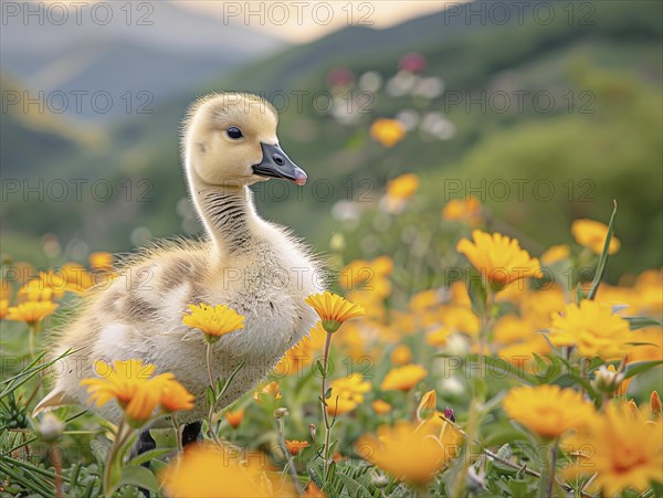 A chick surrounded by yellow flowers in a meadow with green hills in the background, AI generated, AI generated, AI generated