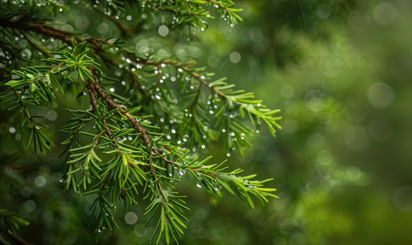 Closeup view on cedar branch in rain drops, bokeh background AI generated