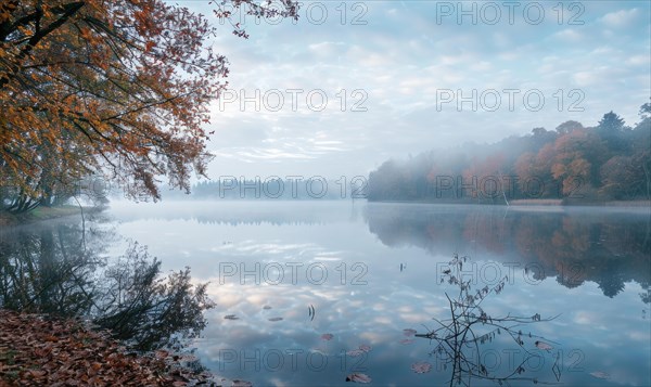 The lake shrouded in mist during a crisp autumn morning AI generated