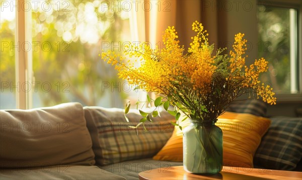 A cozy living room corner adorned with a vase of Mimosa flowers AI generated