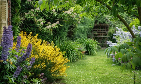 A garden corner adorned with lilac and laburnum bushes AI generated