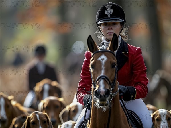 Traditional fox hunting with traditional clothing in England on horseback with dogs over hill and dale, AI generated