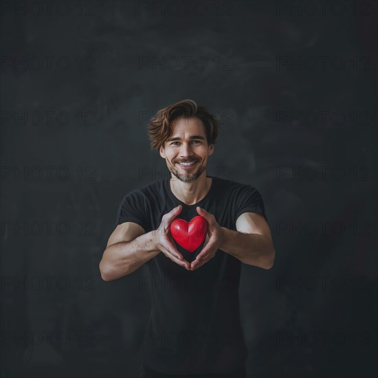 Young man in a black shirt presents a red heart with a cheerful smile, AI generated