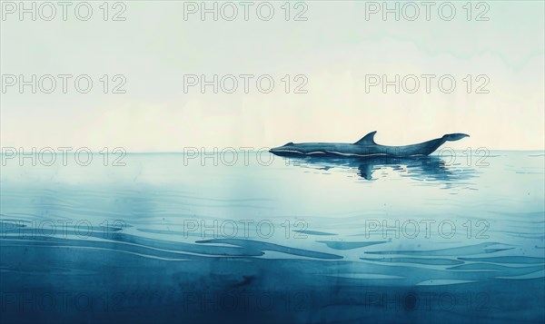 A serene watercolor painting featuring a solitary whale gracefully gliding through calm ocean waters AI generated