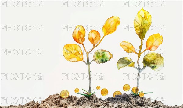 Watercolor tree sprout with coins blossoming instead of flowers AI generated