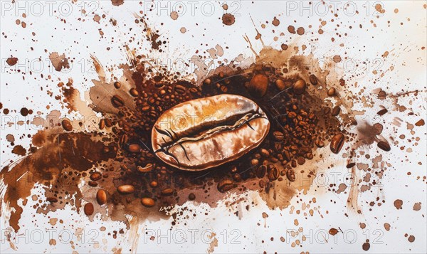 Vibrant watercolor painting of a coffee bean surrounded by coffee grounds AI generated