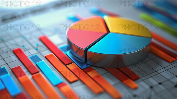 Colorful 3D bar and pie charts representing financial data analysis and business concepts, ai generated, AI generated