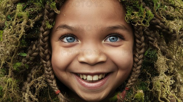Smiling child with bright blue eyes surrounded by moss, conveying a sense of joy and playfulness, earth day concept, AI generated