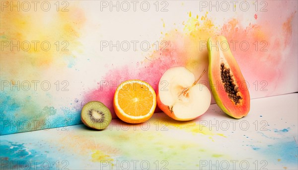 Fruit arrangement against a colorful paint-splattered background, blending art and food, horizontal, AI generated