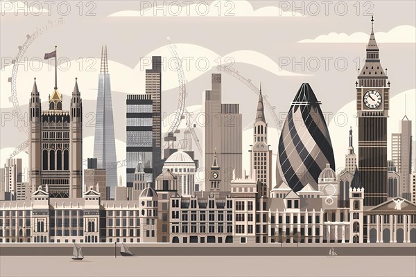 Flat design illustration of a cityscape with iconic urban landmarks and architectural features, illustration, AI generated