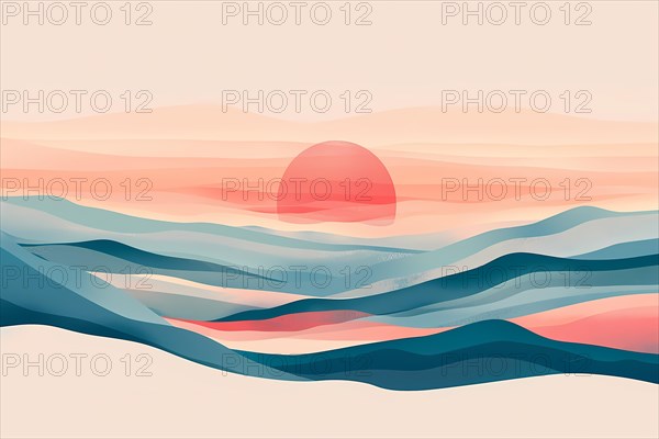 Stylized minimalistic waves under a pastel sunset, conveying a sense of tranquility, illustration, AI generated