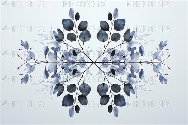 Symmetrical illustration of blue leaves on branches creating a mirrored effect, illustration, AI generated