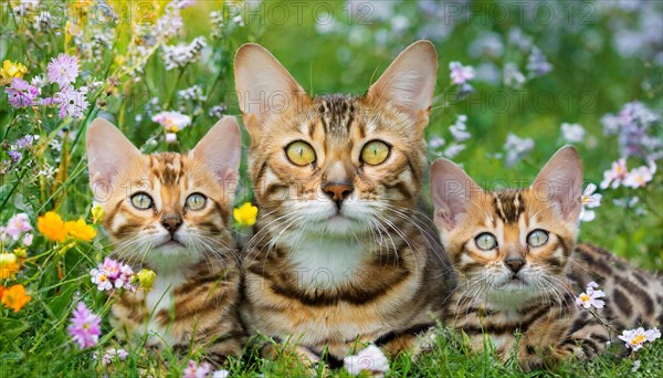 KI generated, animal, animals, mammal, mammals, cat, felidae (Felis catus), a cat and two kittens are lying in a meadow and resting