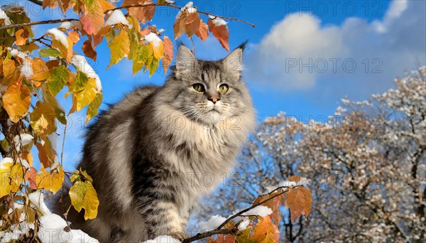 AI generated, animal, animals, mammal, mammals, cat, felidae (Felis catus), a grey-black American Forest Cat, sitting in a tree, autumn, autumn leaves, snow, onset of winter