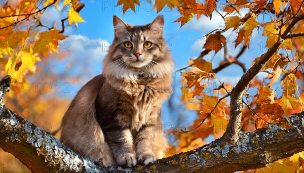 AI generated, animal, animals, mammal, mammals, cat, felidae (Felis catus), a colourful American Forest Cat, sitting in a tree, autumn, autumn leaves