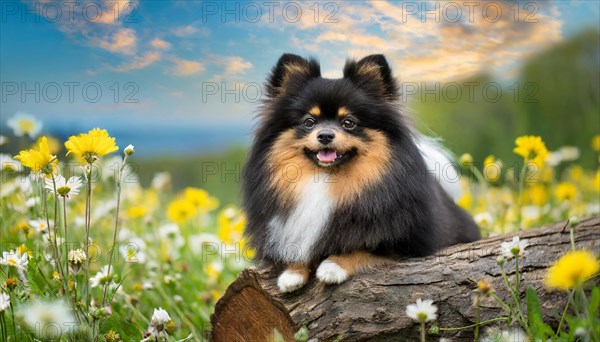 Ai generated, animal, animals, mammal, mammals, a, single animal, dwarf spitz, Spitz, (Canis lupus familiaris), dog, dogs, bitch, Pomeranians, a black-brown dwarf spitz lies on a tree in a flower meadow