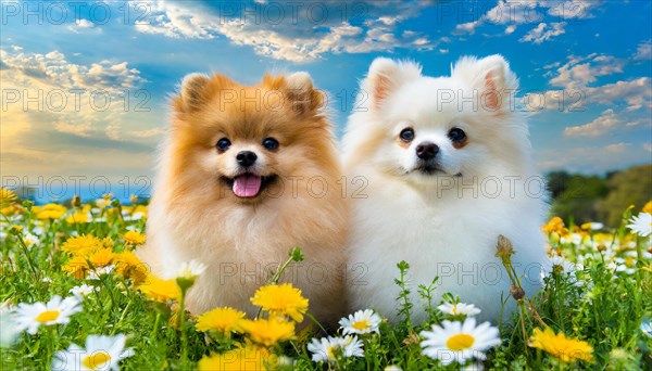 KI generated, animal, animals, mammal, mammals, a, single animal, dwarf spitz, Spitz, (Canis lupus familiaris), dog, dogs, bitch, Pomeranians, bitch with young, puppy, flower meadow, portrait, frontal