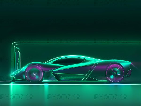 Neon glowing image of a futuristic electric sports car at a charging station, illustration, AI generated
