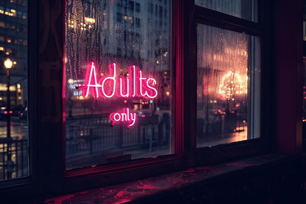 Glowing pink neon light 'Adults only' text hanging in window of bar at night. KI generiert, generiert, AI generated