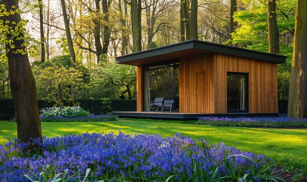 A serene modern wooden cabin surrounded by a lush carpet of bluebells and forget-me-nots in a peaceful spring garden AI generated