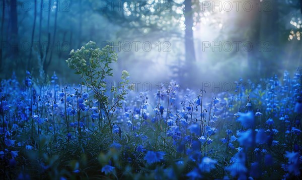 Bellflowers in a woodland clearing, closeup view, selective focus AI generated