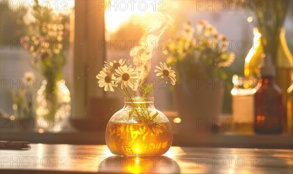 Chamomile essential oil diffuser in a cozy room, aromatherapy AI generated
