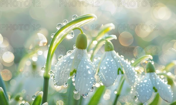 Close-up of snowdrops with dewdrops, spring nature background AI generated