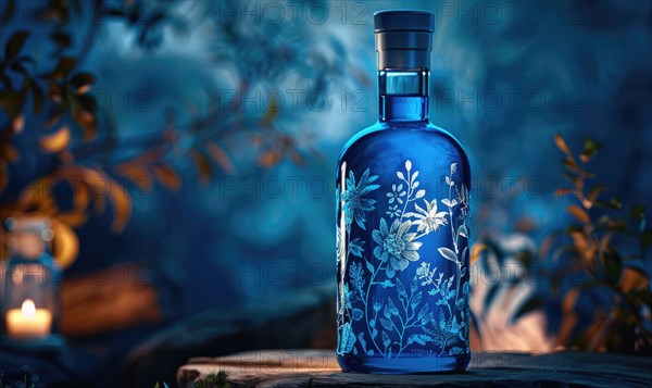 Cobalt blue glass bottle with botanical illustrations on background with textured shadow AI generated