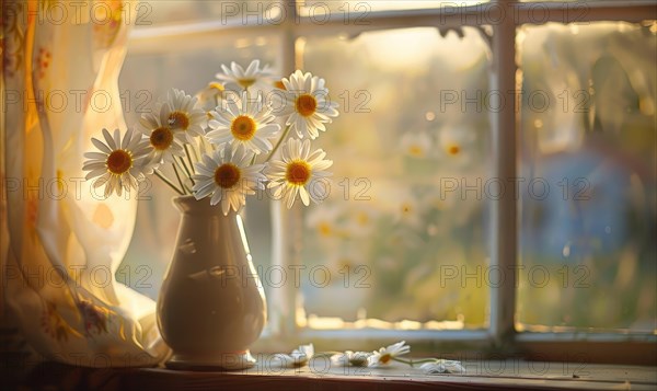 Daisies in a vintage vase on a windowsill AI generated