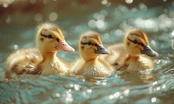 Ducklings swimming in a pond, close up view AI generated