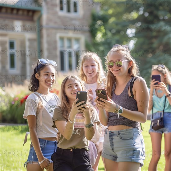Many students stand close together on a lawn and take selfies with their cell phones, photo quality Job ID: 23e2cd30-ac6c-4cd3-8cba-4cbc02686a93, KI generiert, AI generated